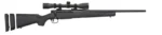 Mossberg Patriot Bantam black rifle, right-side view with synthetic stock and mounted scope