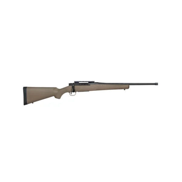Mossberg Patriot Predator FDE Rifle, right-side view with FDE stock, long barrel and bolt action