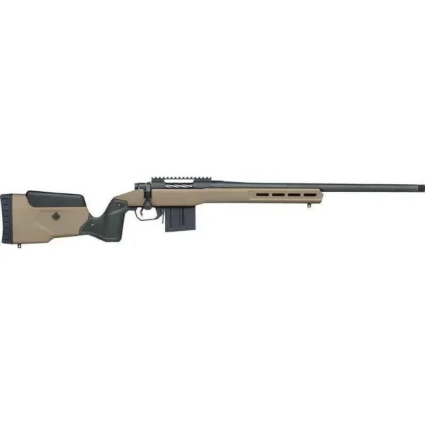 Mossberg Patriot LC, tan and black right-side view with chassis, magazine and long barrel