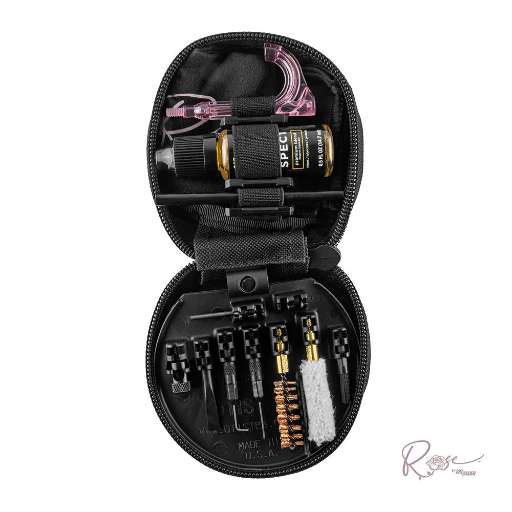 primary-22024 OTIS ROSE BY SIG cleaning kit in an open black zip case with brushes, rods and small bottles