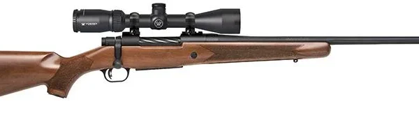 Mossberg MSBRG PATRIOT walnut-finish rifle with black scope, right-side view