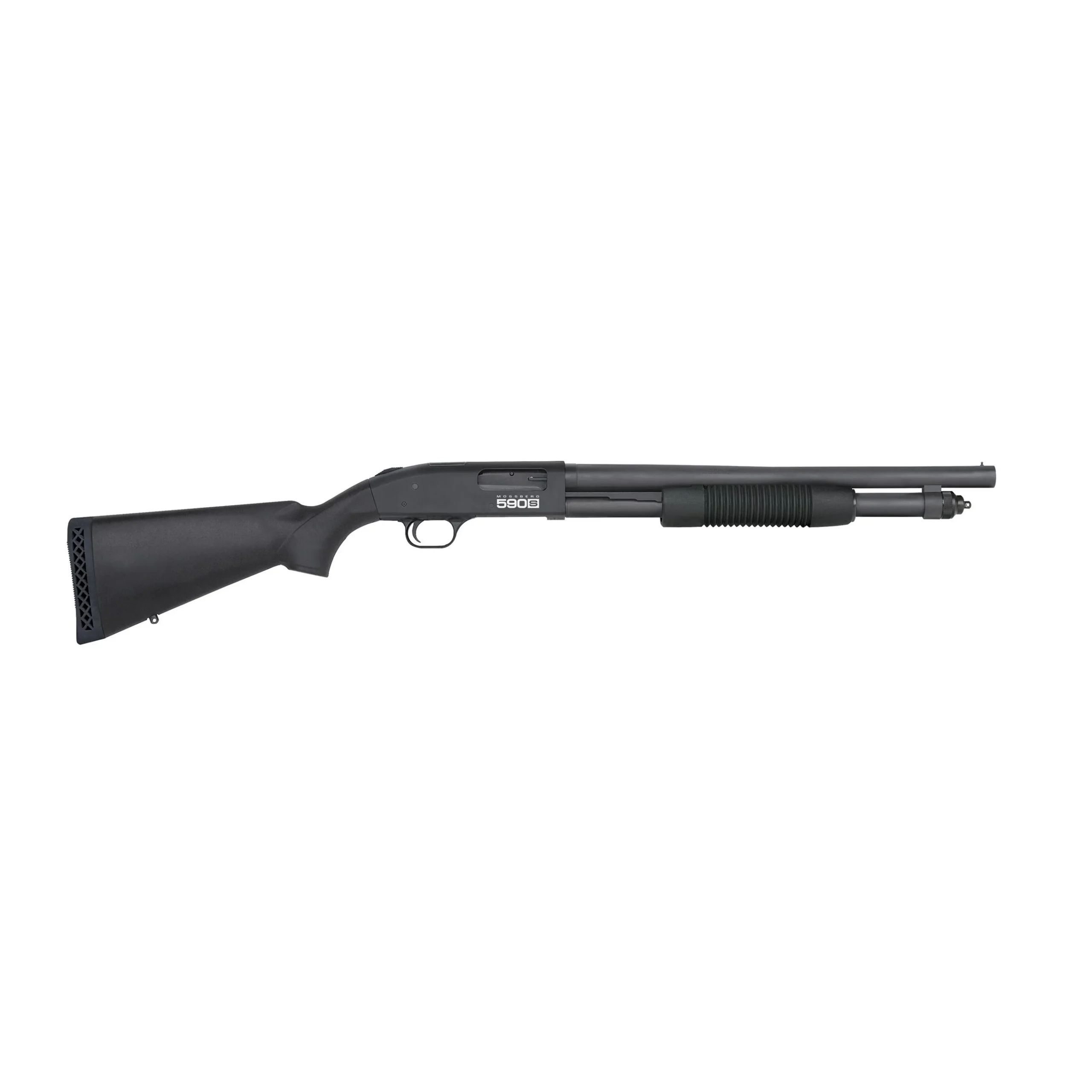 primary-22057 Mossberg 590S Optic Ready black shotgun, right-side view with synthetic stock and ribbed fore-end