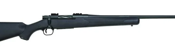Mossberg Patriot, black right-side view with synthetic stock, bolt action and long barrel