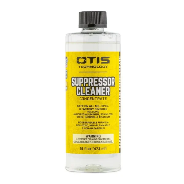 OTIS Suppressor Cleaning Fluid front view in clear bottle with yellow label and black cap