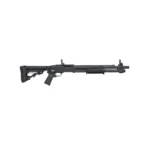 Mossberg 590R black shotgun, right-side view with adjustable stock and pistol grip
