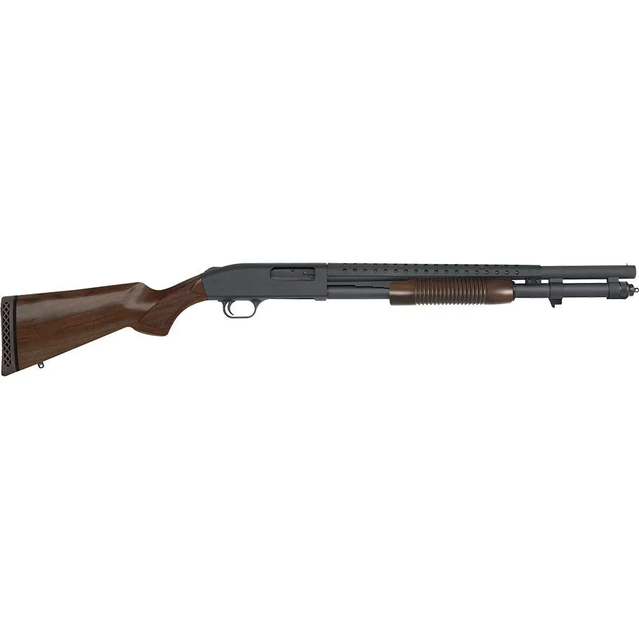 primary-22070 Mossberg 590 Retrograde shotgun, right-side view with walnut stock and ribbed fore-end