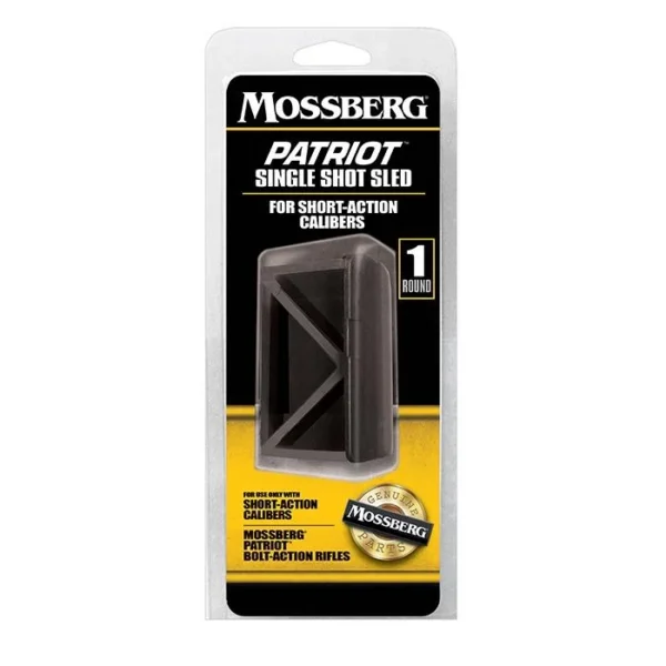 Mossberg Patriot Single Shot Sled, black sled in retail blister packaging, front view