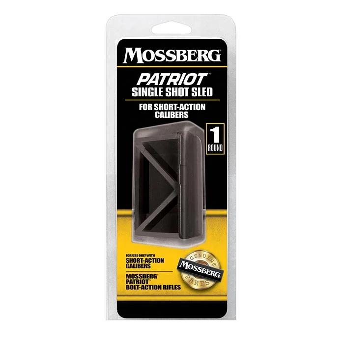 primary-22082 Mossberg Patriot Single Shot Sled, black sled in retail blister packaging, front view