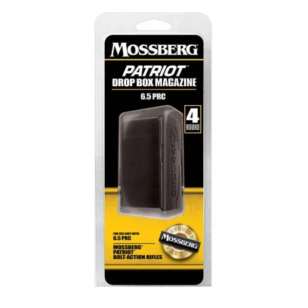 Mossberg Patriot / Patriot Predator rifle magazine, black, front view in retail packaging