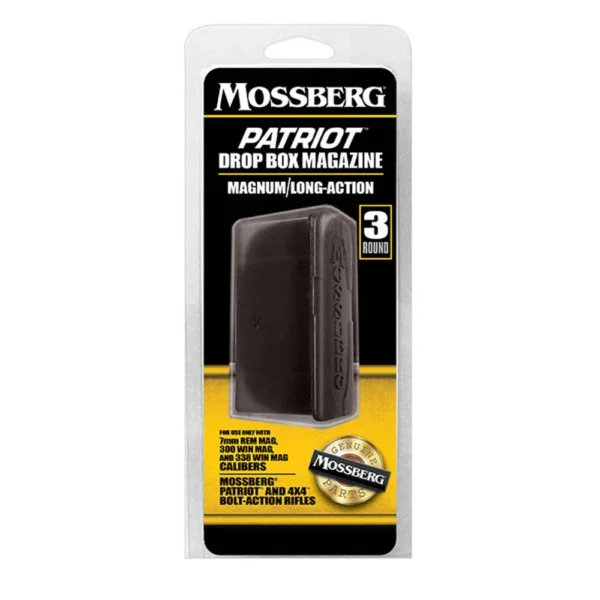 Mossberg Patriot Magnum magazine in black, front view in yellow and black blister pack