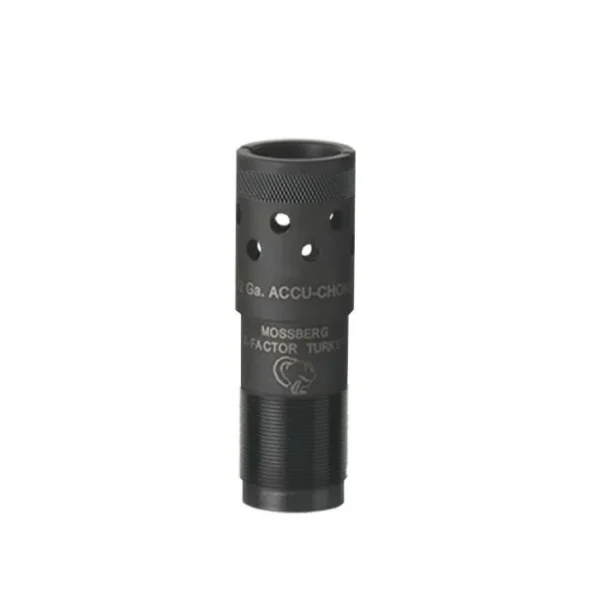 Mossberg X-Factor choke tube, black front view with threaded base and ported upper section