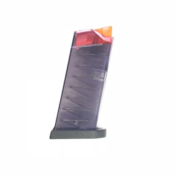 Mossberg Clear Count handgun magazine, translucent dark gray side view with orange follower