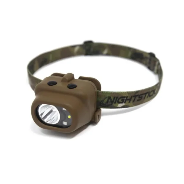 Nightstick Multi-Function Headlamp FDE front view with camouflage elastic headband