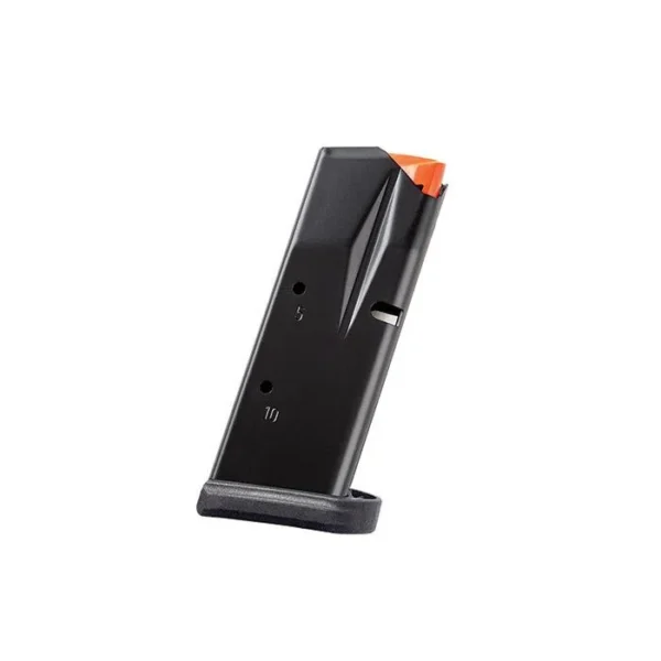 Mossberg MC2sc Flush Fit Magazine, black angled view with orange follower and flat baseplate