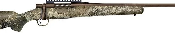 Mossberg MSBRG Patriot Predator STRTA rifle, right-side view with camouflage stock and black barrel