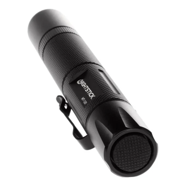 Nightstick Mini-Tac Flashlight, black angled view with textured body, pocket clip and tail switch