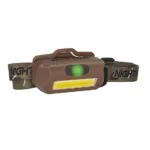 Nightstick Multi-Flood USB Headlamp, FDE front view with black strap, brim clip and two lights