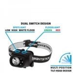 Nightstick Multi Function LED Headlamp, black front view with strap and labelled light controls