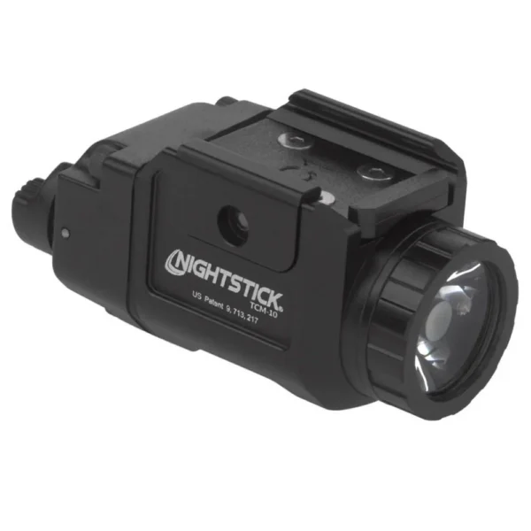 Nightstick TCM-10 Compact Weapon Light, black angled view with round front lens and rail mount