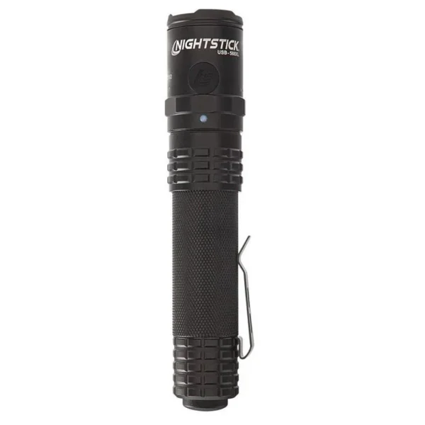 Nightstick USB Dual-Light Tactical Flashlight black upright side view with pocket clip