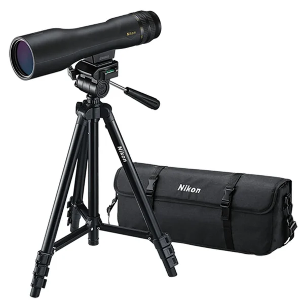 Nikon ProStaff 3 Fieldscope Outfit black side view with straight scope, tripod and carry case
