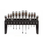 Lyman Heritage Screwdriver Set, grey and orange-handled screwdrivers displayed in black stand