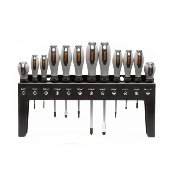 Lyman Heritage Screwdriver Set, grey and orange-handled screwdrivers displayed in black stand