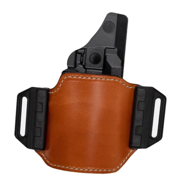 Bianchi #175 Shenandoah, tan leather holster in front view with black belt loops and handgun