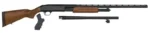Mossberg MSBRG 500, side view with wood stock, black receiver and two separate barrels