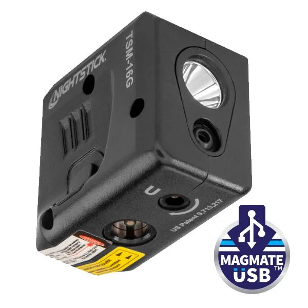 Nightstick Subcompact Weapon Light with Green Laser in angled front and underside view