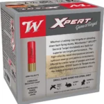 Winchester Xpert Steel Shotshells, angled view of gray and red ammunition box with shell graphic