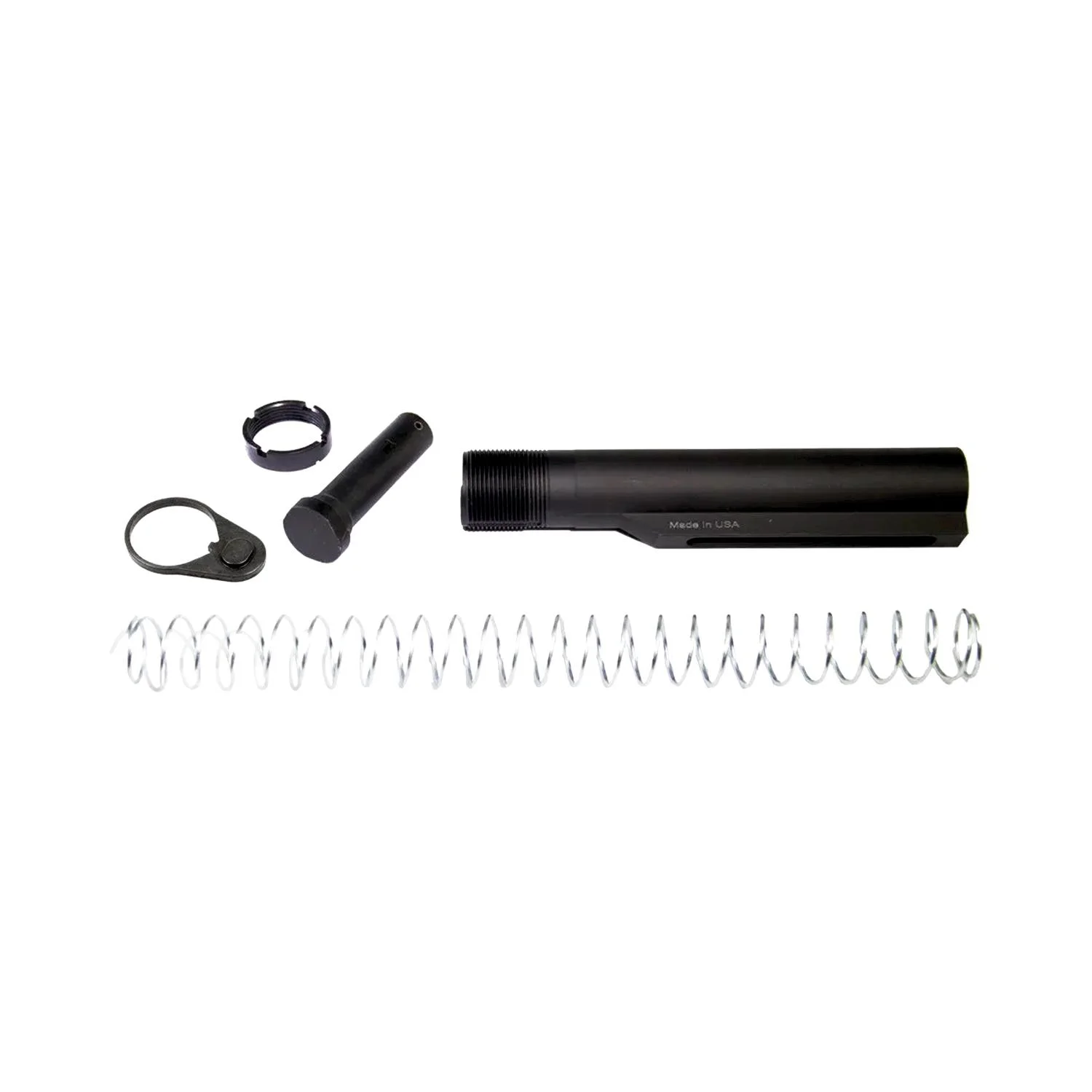 primary-22216 Black Rain Ordnance AR15 Carbine Buffer Parts Kit, black parts and silver spring laid out