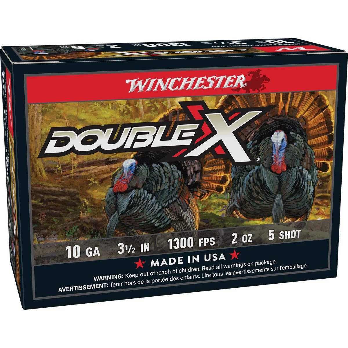 primary-22229 Winchester Double X Turkey Load, front view of black and red box with turkey graphics