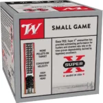 Winchester Super-X High-Brass Shotshells, front and left-side view of white and red box