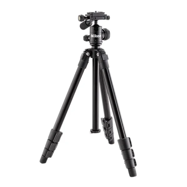 Nikon Compact Outdoor Tripod black front view with three extended legs and pan handle