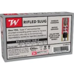Winchester Ammunition WIN SPRX gray and red box, rear view with Rifled Slug branding