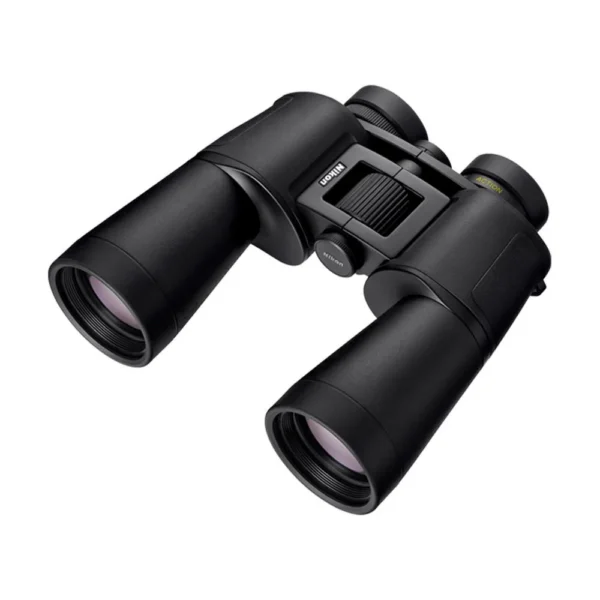 Nikon Action binoculars black front three-quarter view with large objective lenses and focus wheel