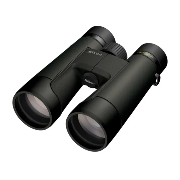 Nikon Prostaff P7 binoculars black front three-quarter view with large objective lenses