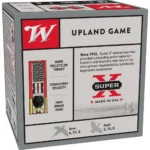 Winchester Super-X Game Shotshells, gray and red Upland Game ammunition box in angled view