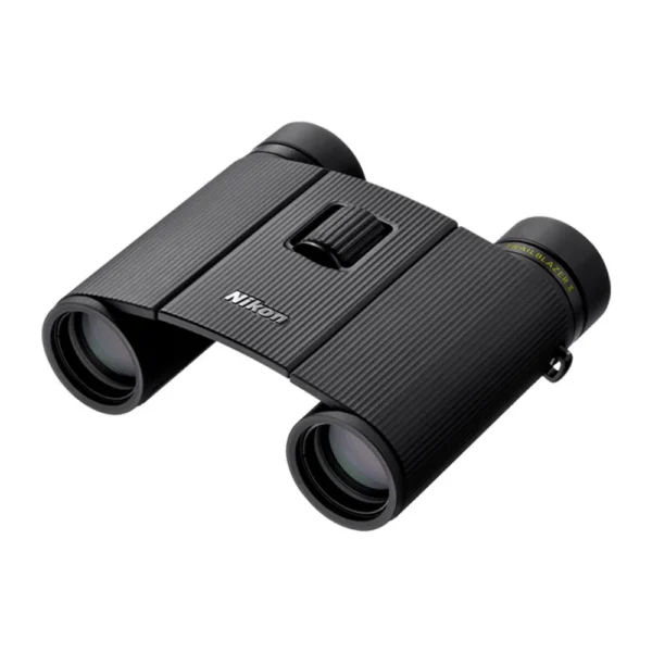Nikon Trailblazer II binoculars black front three-quarter view with ribbed body and focus wheel