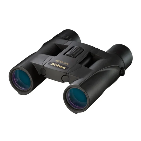 Nikon Aculon A30 black binoculars in angled front view with blue-green objective lenses
