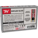 Winchester Ammunition WIN SPRX grey rifled slug box, rear view with ballistics table
