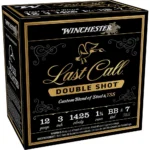 Winchester Last Call Double Shot Shotshells, black and gold box in front three-quarter view