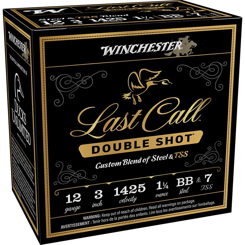 primary-22294 Winchester Last Call Double Shot Shotshells, black and gold box in front three-quarter view