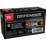 Winchester Copper Plated Defender Shotshells, black and red retail box, front view