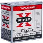 Winchester WIN SUPER-X, red, white and black buckshot ammunition box in front angled view