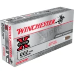 Winchester Super-X Rifle Ammunition, angled view of silver box with red and black branding