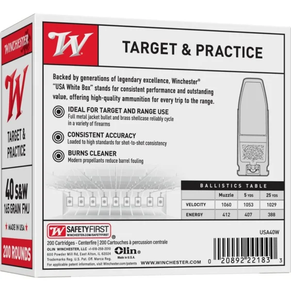 Winchester Ammunition Winchester Target Handgun Ammunition .40 S&W 165 gr. FMJ 1060 fps 200/ct