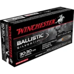 Winchester Ballistic Silvertip rifle ammunition box, black with red and silver graphics, angled view