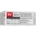 Winchester Target Handgun Ammunition white and red box, side view with ballistics table